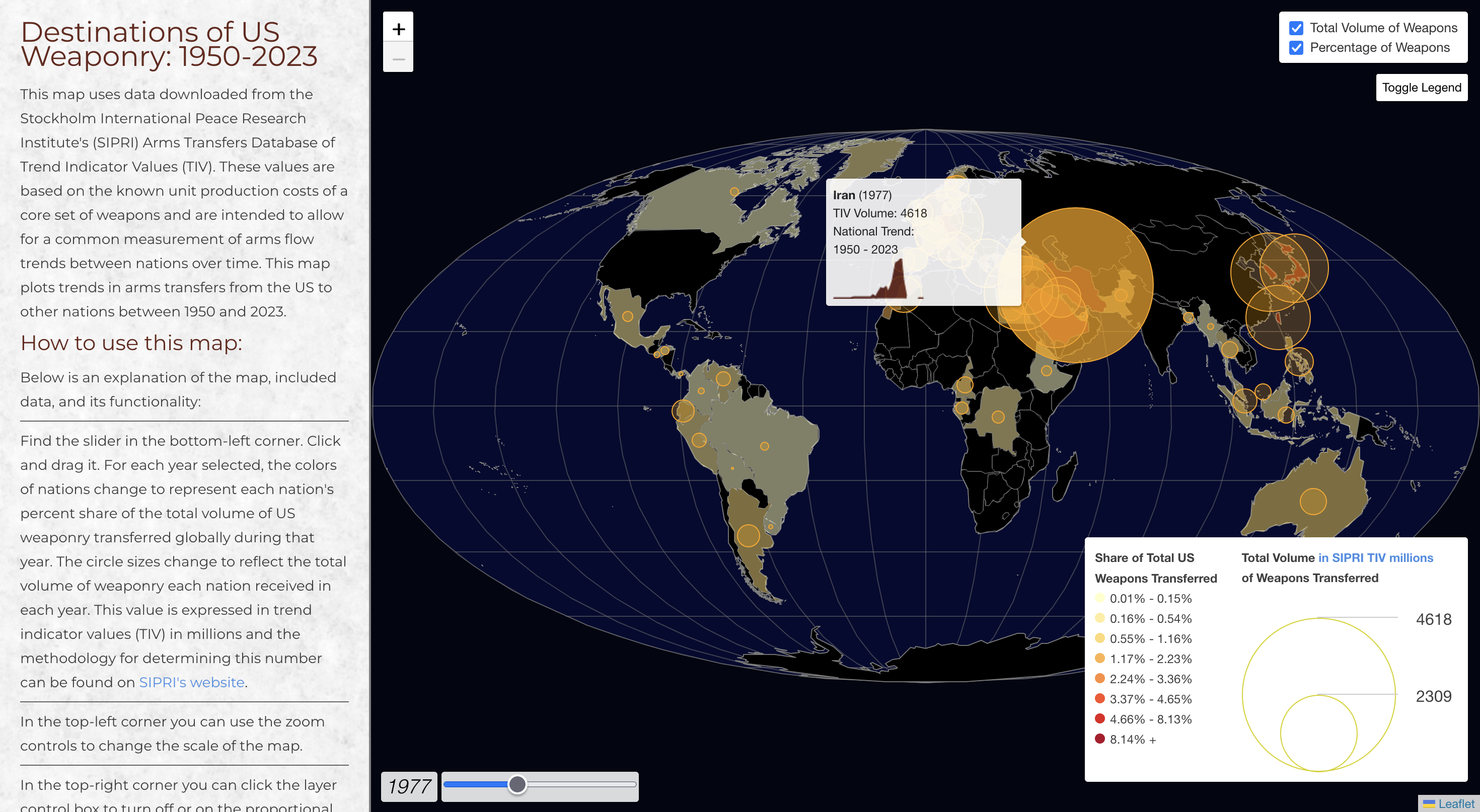 A map made from data downloaded from the Stockholm International Peace Research Institute's (SIPRI) Arms Transfers Database of Trend Indicator Values (TIV).